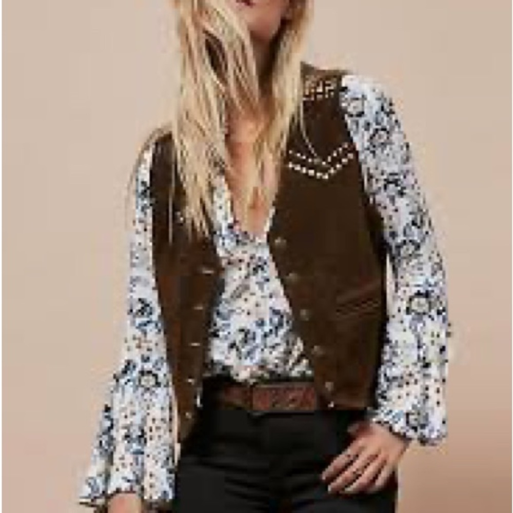 Free People Suede vest and floral bell sleeve shirt